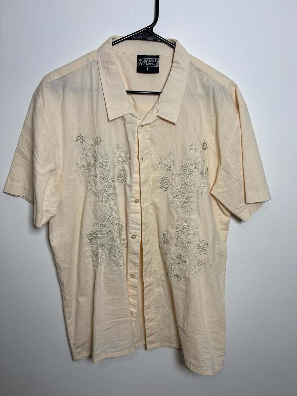 Pleasant Getaway Men's Ivory Button-Down Shirt with Floral Embroidery